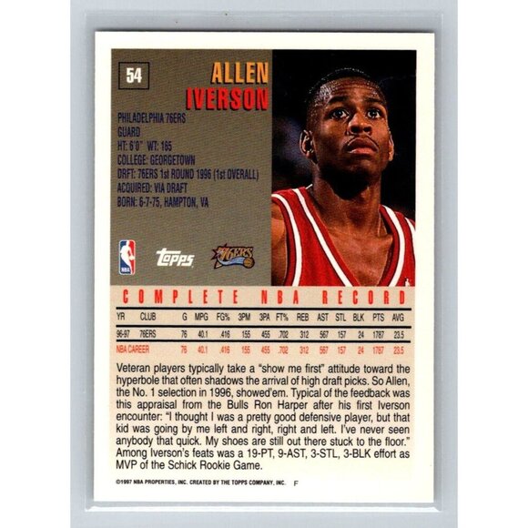 1997-98 Topps #54 Allen Iverson Philadelphia 76ers Basketball Card - Picture 2 of 2